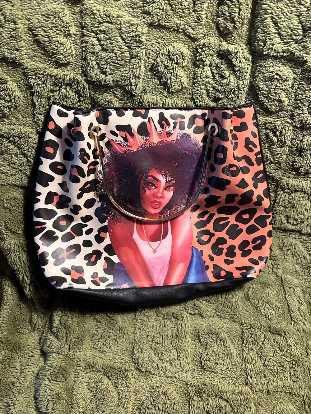 Leopard Print Tote with Afro Queen Illustration - Black/Pink